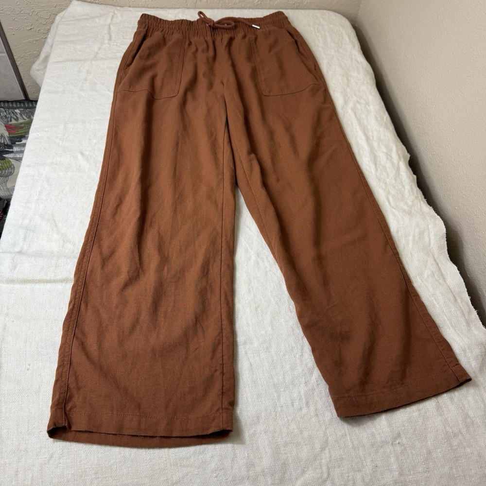 Women's Linen Blend Wide Leg Pants Sz M Brown Beach Coastal Boho Casual Pockets